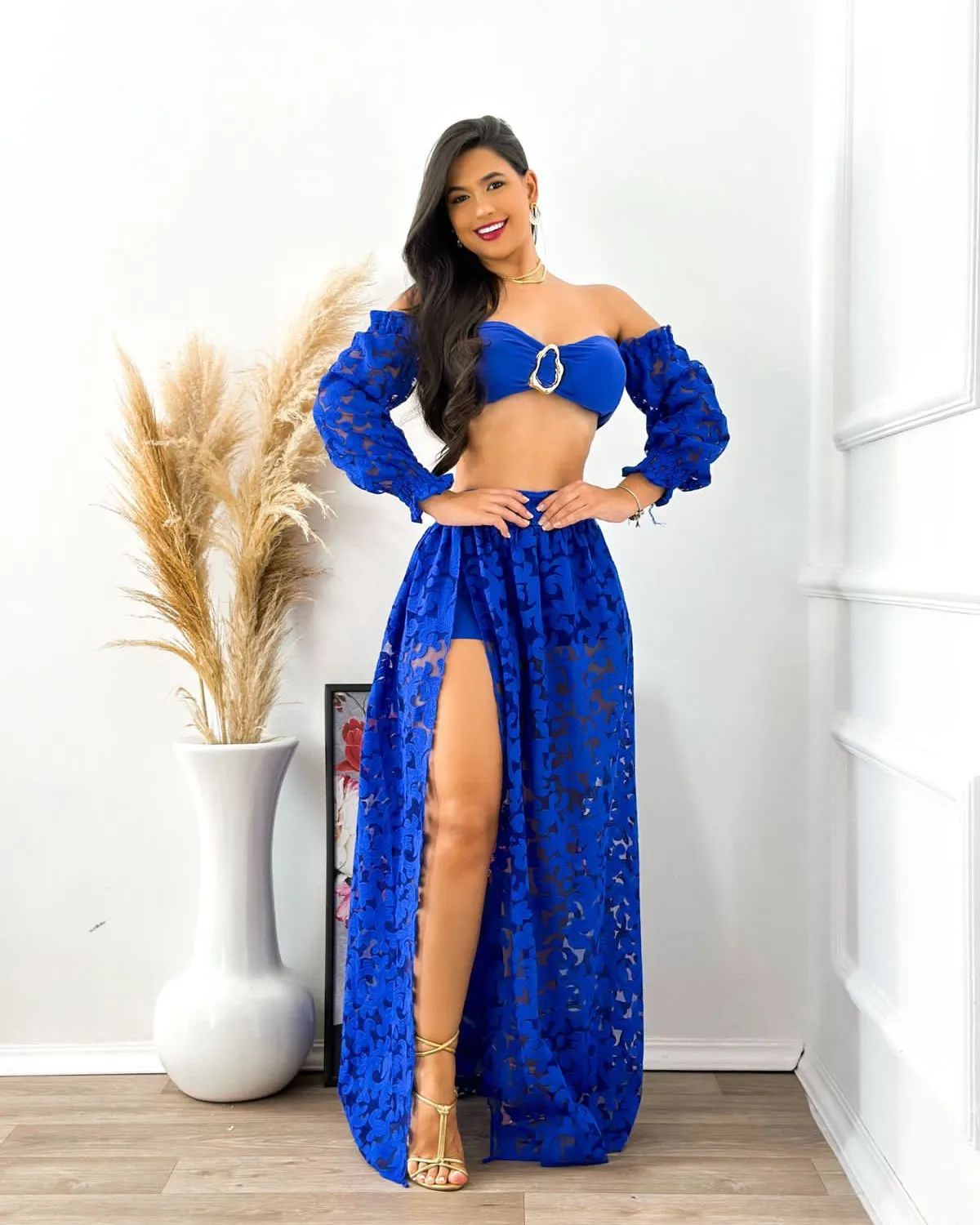 Saia Longa Shorts E Cropped Top Vestido Conjunto Feminino