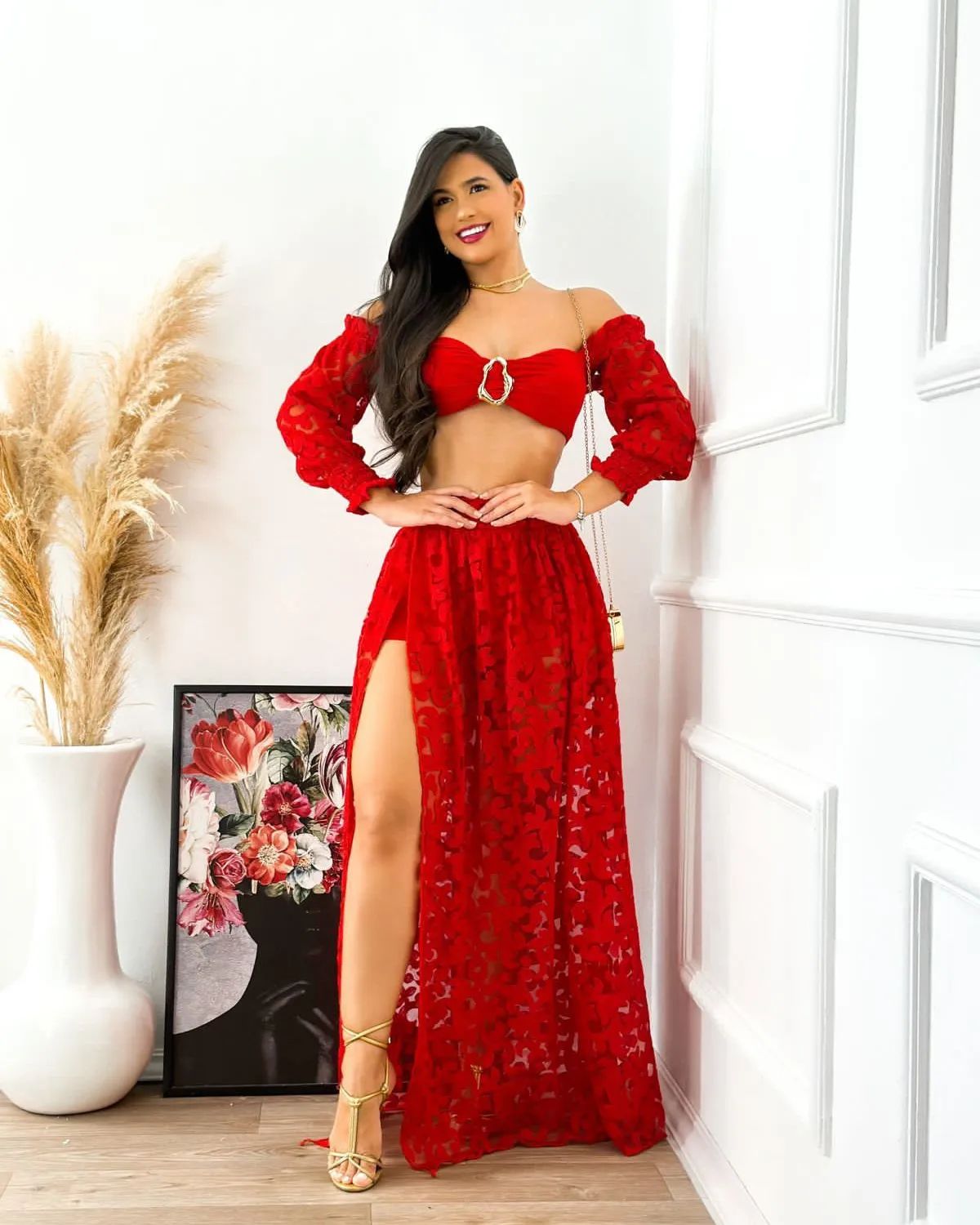 Saia Longa Shorts E Cropped Top Vestido Conjunto Feminino