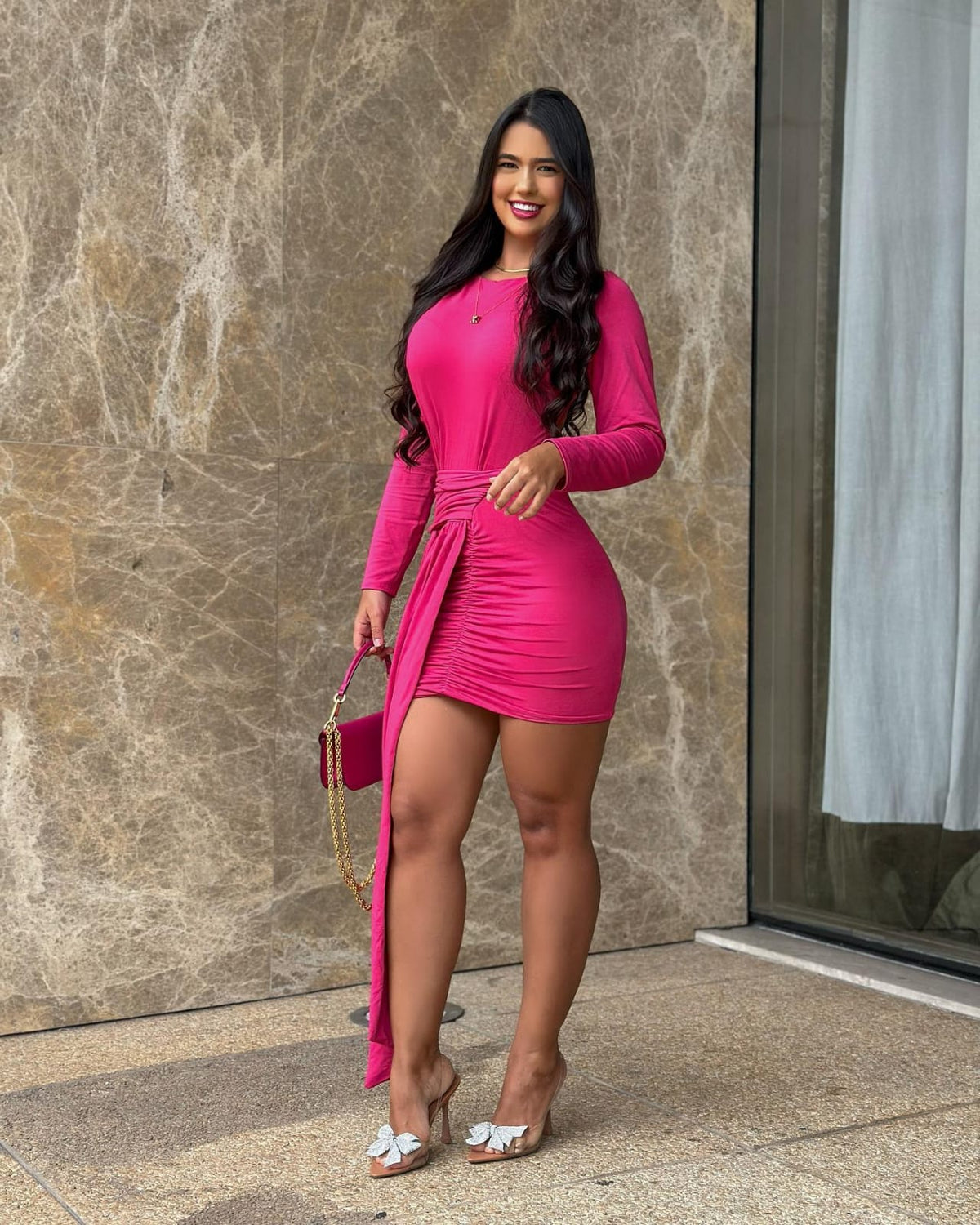 Vestido Rosa Manga Longa